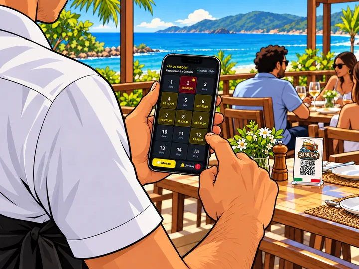 App do garçom no celular com a grade de mesas e os avisos