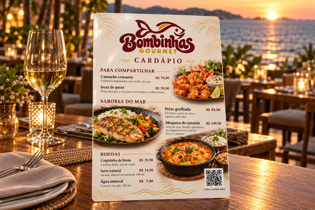 Cardápio gourmet em PVC sobre a mesa posta, ao pôr do sol