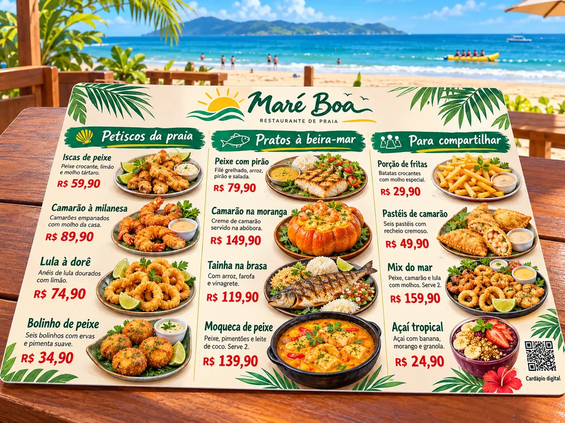 Cardápio de restaurante de praia em PVC, com foto em cada prato, na mesa à beira-mar
