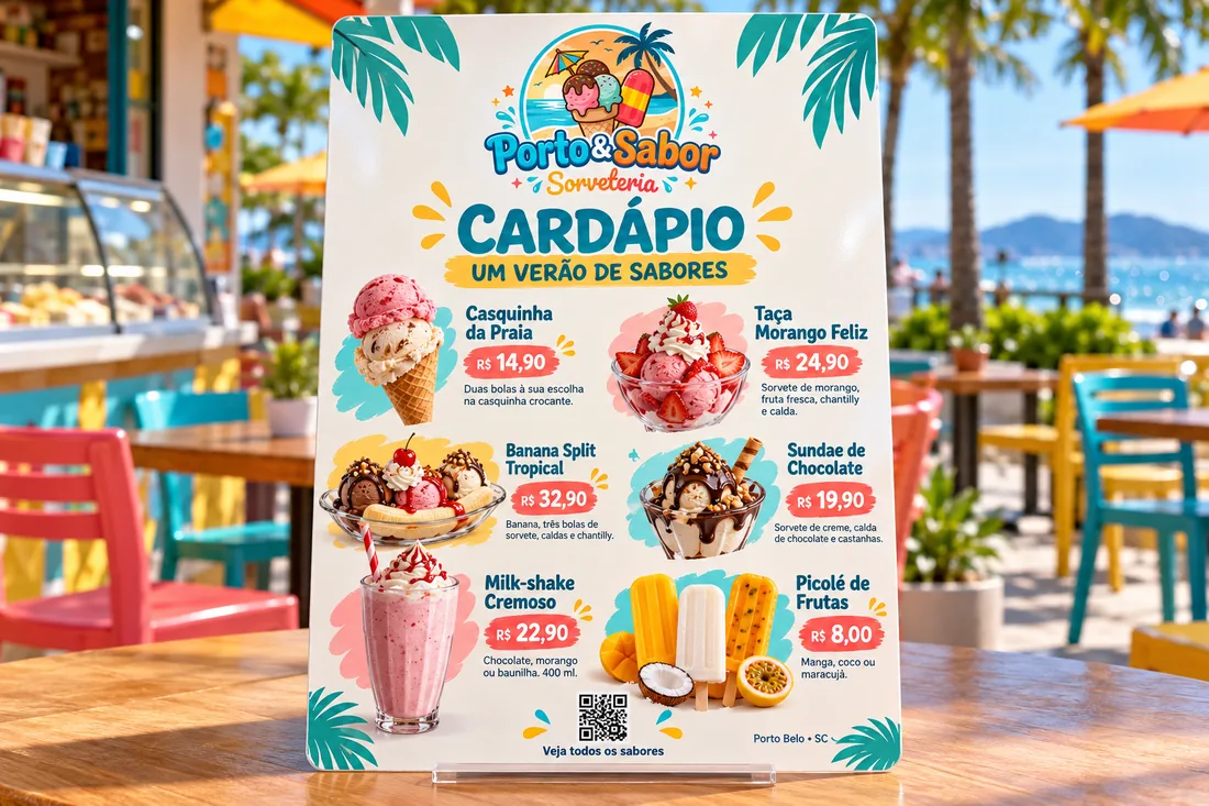 Cardápio de sorveteria em PVC, em pé no balcão, com foto de cada sobremesa
