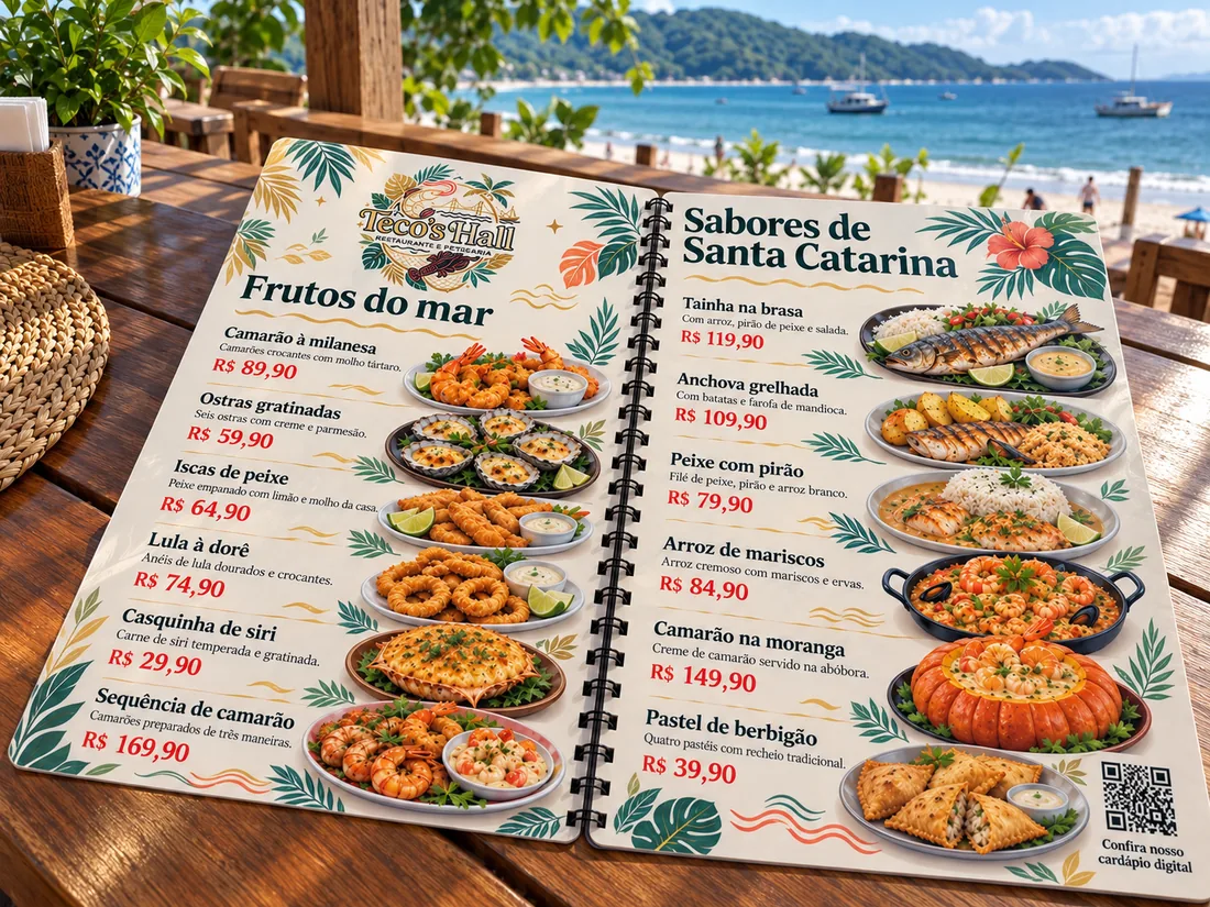 Cardápio de restaurante e petiscaria em PVC, aberto em duas páginas, com fotos dos pratos