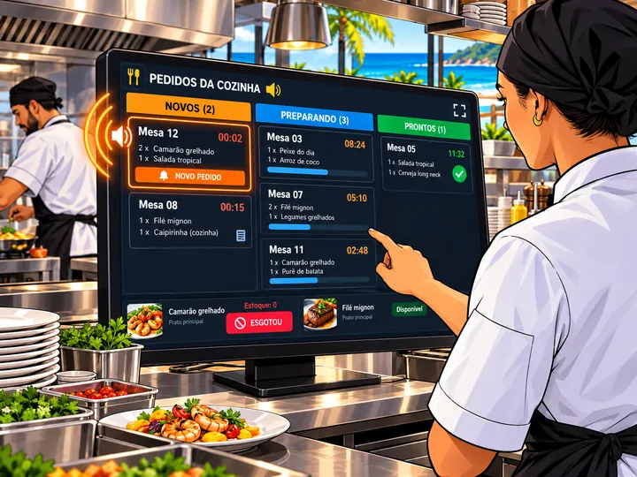 Painel da cozinha com os pedidos em Novos, Preparando e Prontos